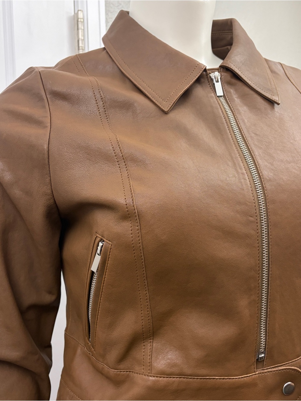 Rebecca Taylor Chestnut Brown Leather Zip Jacket NWT - Size 16 - Picture 2 of 16